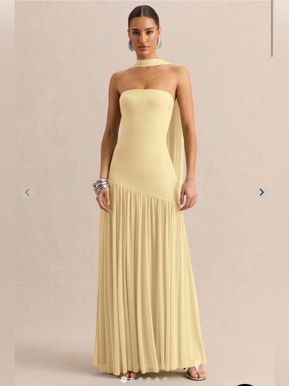 Club L London Strapless Pale Yellow Evening Gown with Draped Neck Scarf